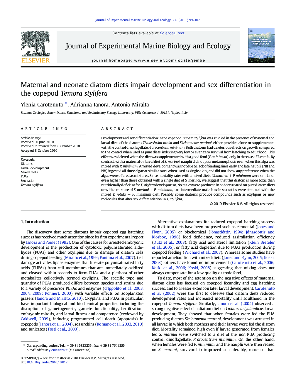 Maternal and neonate diatom diets impair development and sex differentiation in the copepod Temora stylifera