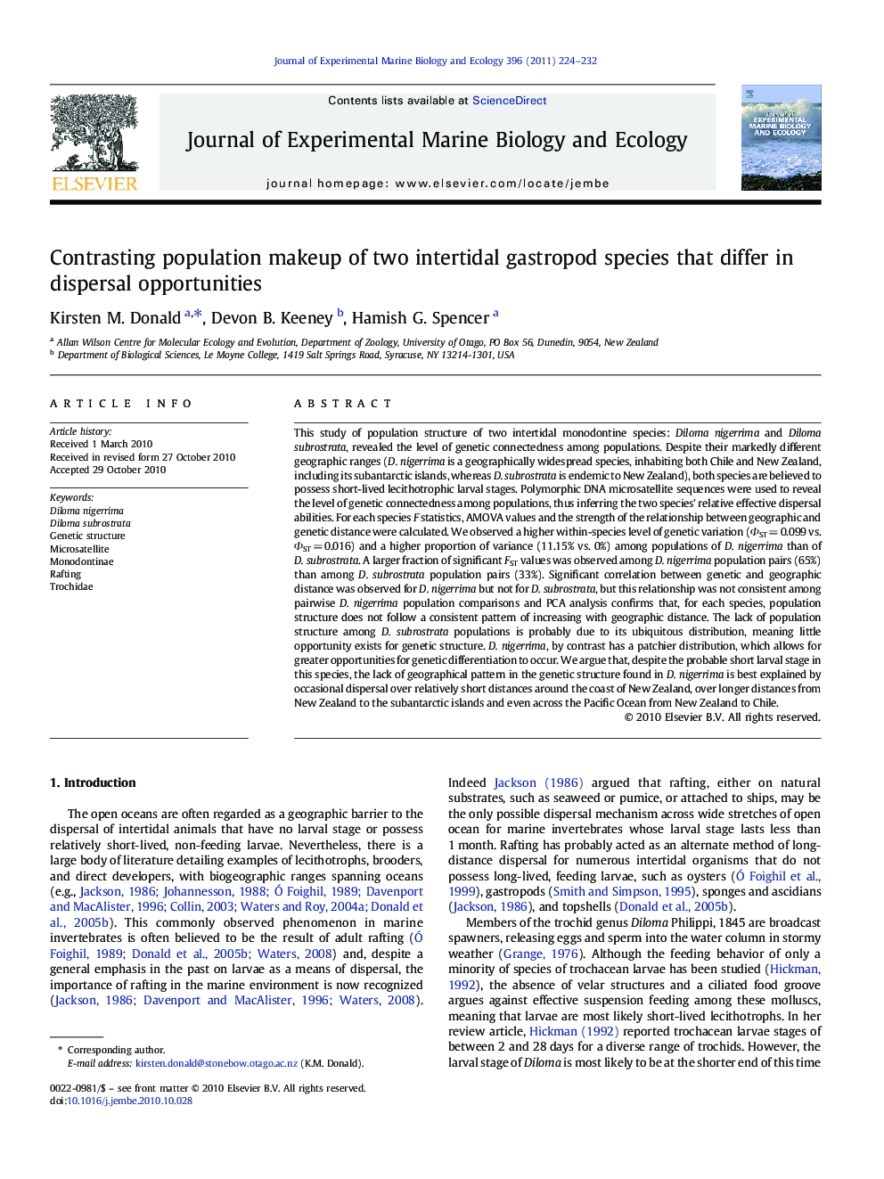 Contrasting population makeup of two intertidal gastropod species that differ in dispersal opportunities