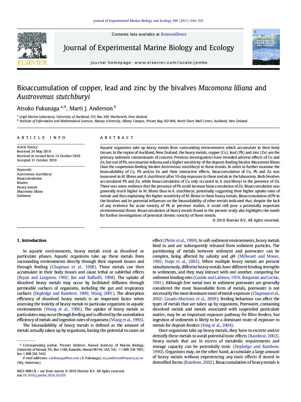 Bioaccumulation of copper, lead and zinc by the bivalves Macomona liliana and Austrovenus stutchburyi