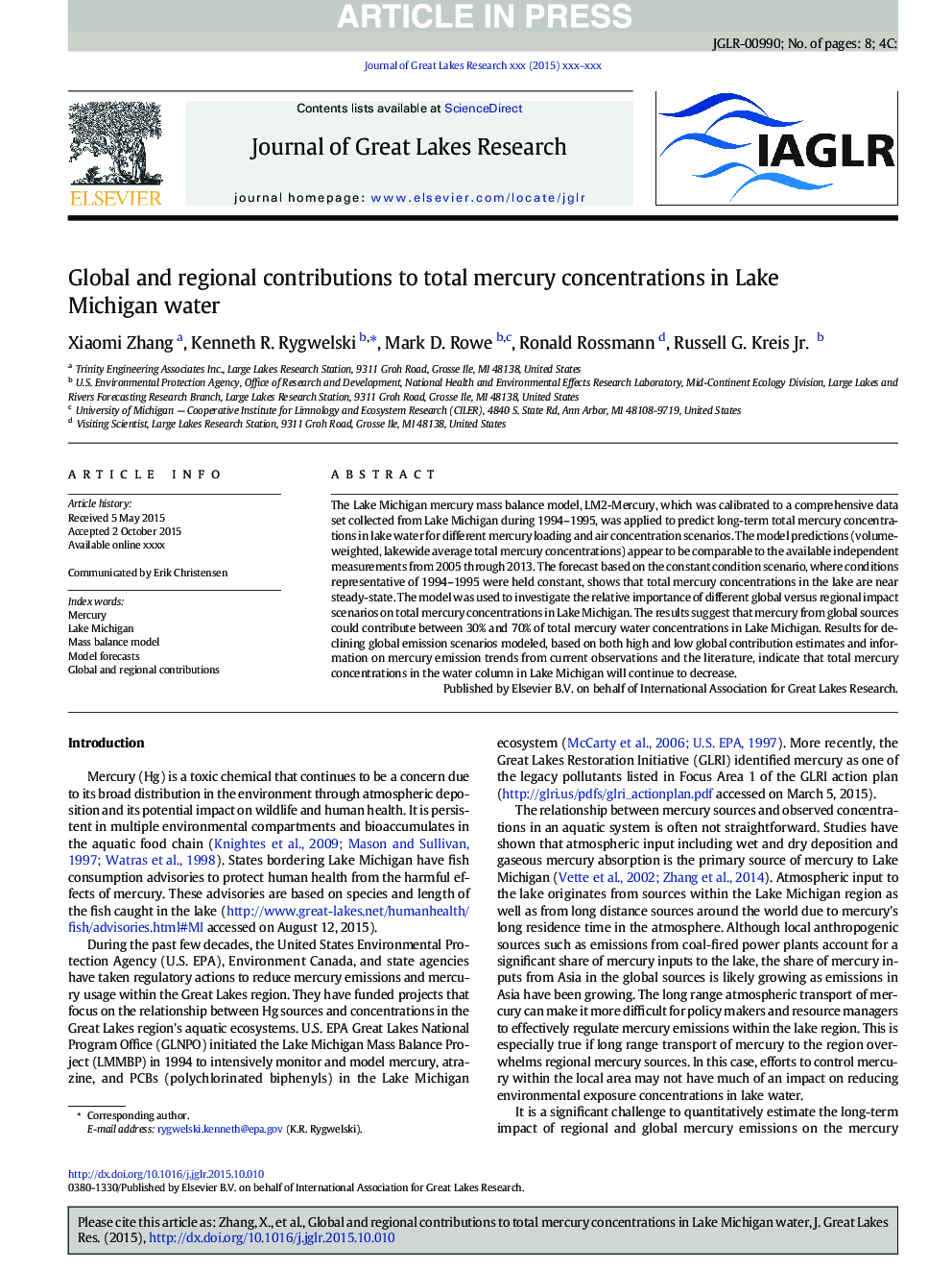 Global and regional contributions to total mercury concentrations in Lake Michigan water