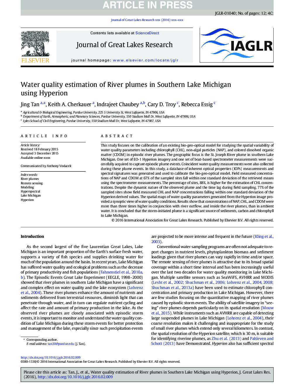 Water quality estimation of River plumes in Southern Lake Michigan using Hyperion