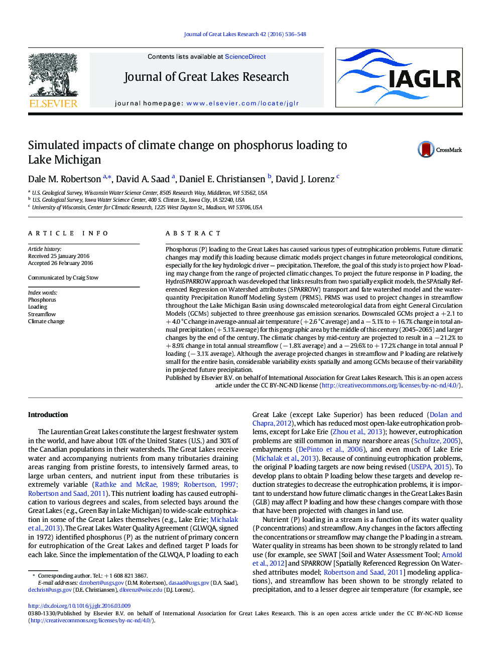 Simulated impacts of climate change on phosphorus loading to Lake Michigan