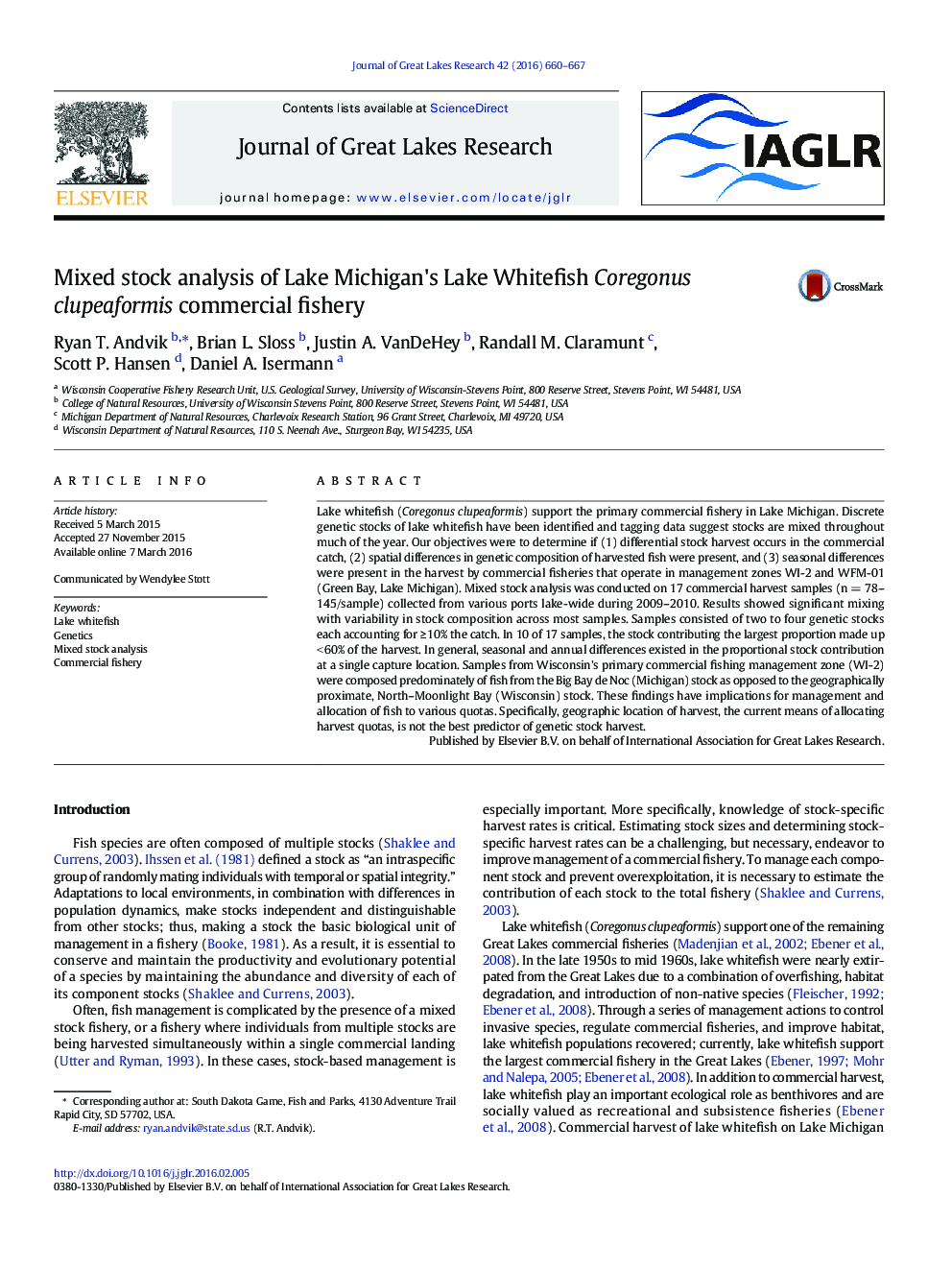 Mixed stock analysis of Lake Michigan's Lake Whitefish Coregonus clupeaformis commercial fishery