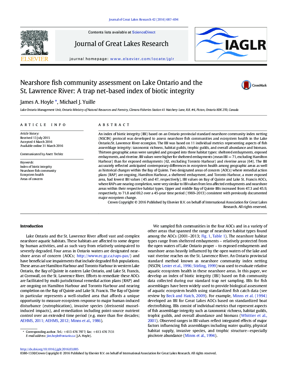 Nearshore fish community assessment on Lake Ontario and the St. Lawrence River: A trap net-based index of biotic integrity