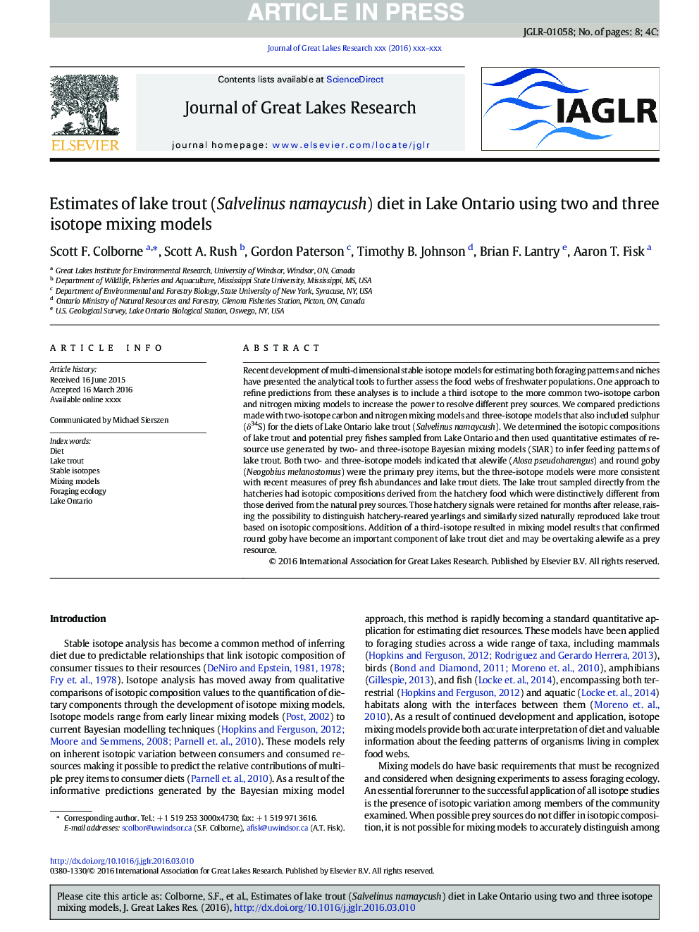 Estimates of lake trout (Salvelinus namaycush) diet in Lake Ontario using two and three isotope mixing models