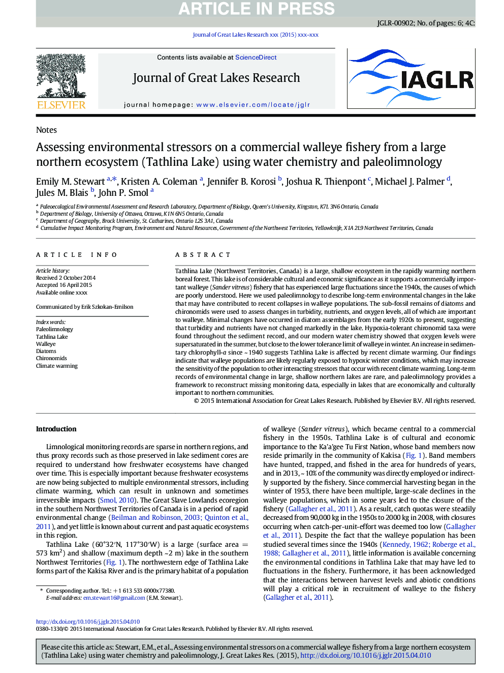 Assessing environmental stressors on a commercial walleye fishery from a large northern ecosystem (Tathlina Lake) using water chemistry and paleolimnology