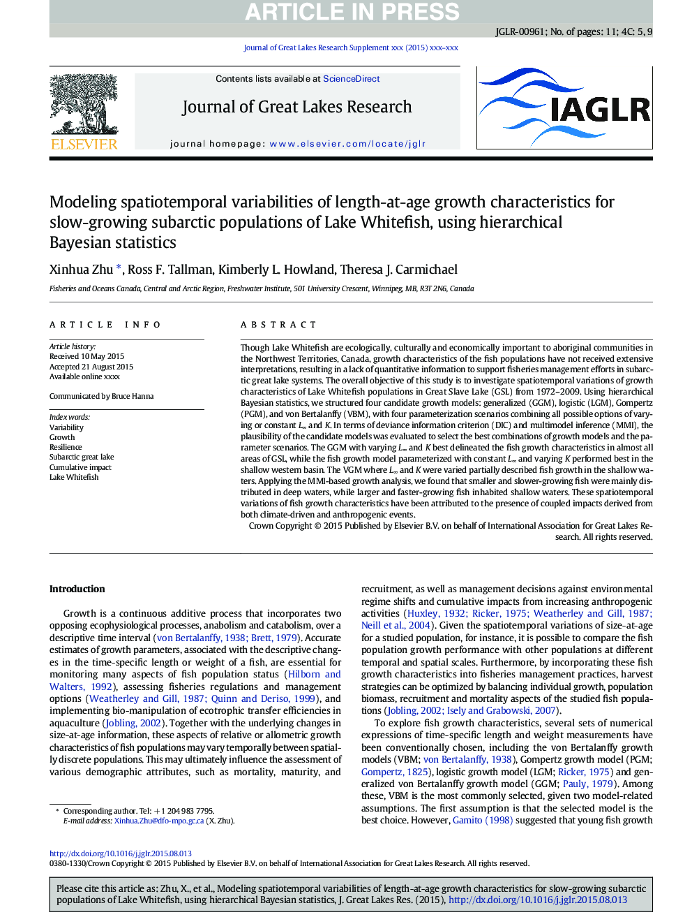 Modeling spatiotemporal variabilities of length-at-age growth characteristics for slow-growing subarctic populations of Lake Whitefish, using hierarchical Bayesian statistics