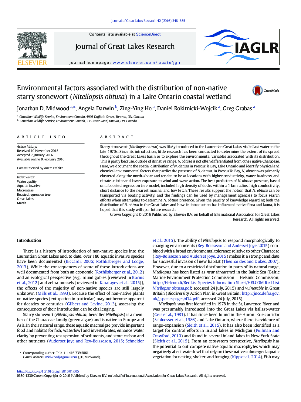 Environmental factors associated with the distribution of non-native starry stonewort (Nitellopsis obtusa) in a Lake Ontario coastal wetland