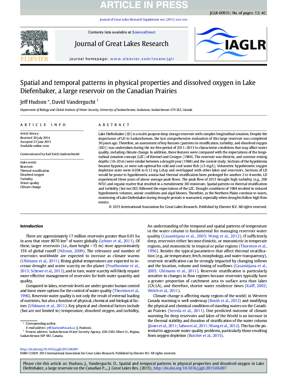 Spatial and temporal patterns in physical properties and dissolved oxygen in Lake Diefenbaker, a large reservoir on the Canadian Prairies