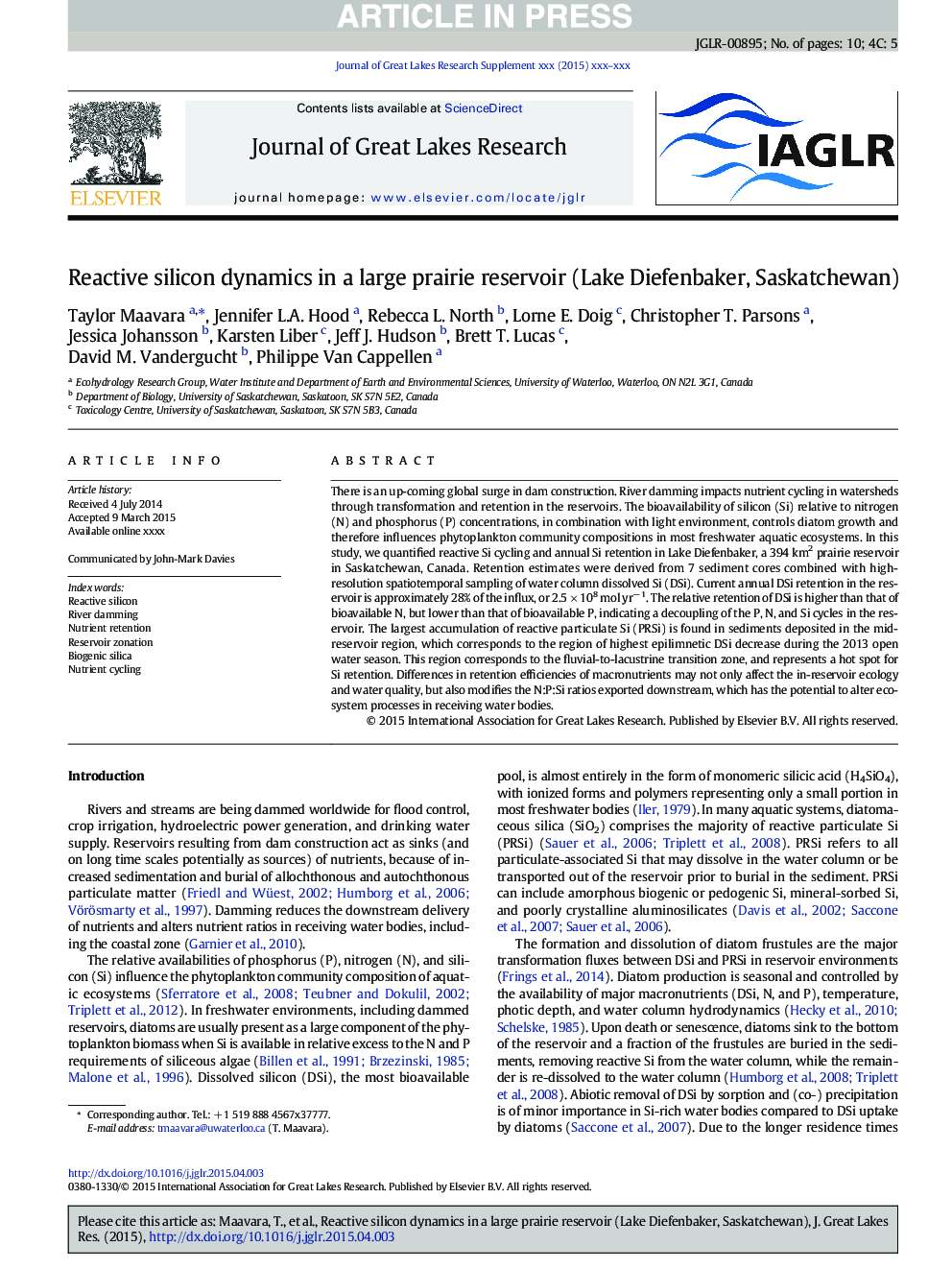 عکس صفحه اول مقاله: Reactive silicon dynamics in a large prairie reservoir (Lake Diefenbaker, Saskatchewan) Reactive silicon dynamics in a large prairie reservoir (Lake Diefenbaker, Saskatchewan)