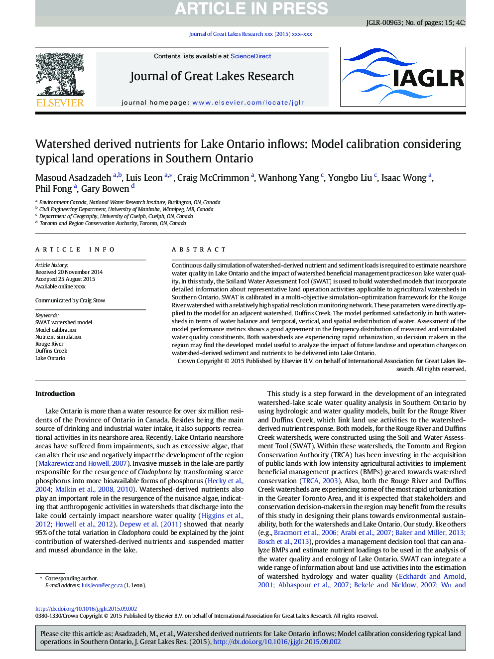 Watershed derived nutrients for Lake Ontario inflows: Model calibration considering typical land operations in Southern Ontario