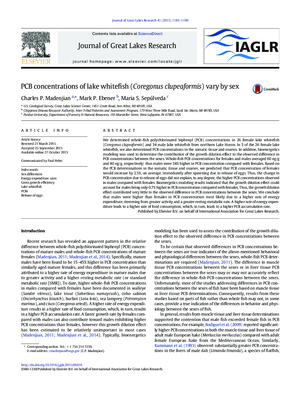 PCB concentrations of lake whitefish (Coregonus clupeaformis) vary by sex