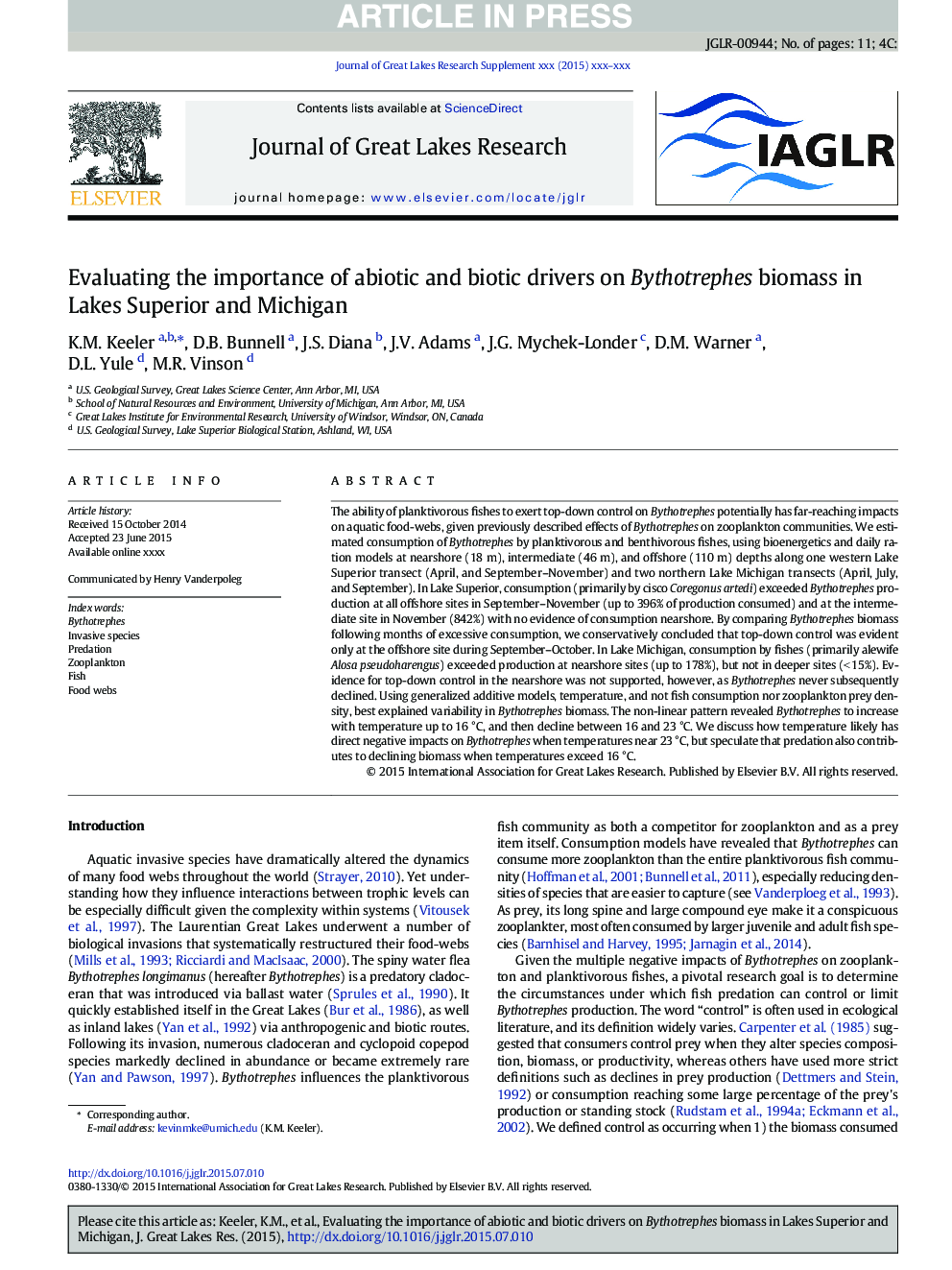 عکس صفحه اول مقاله: Evaluating the importance of abiotic and biotic drivers on Bythotrephes biomass in Lakes Superior and Michigan Evaluating the importance of abiotic and biotic drivers on Bythotrephes biomass in Lakes Superior and Michigan