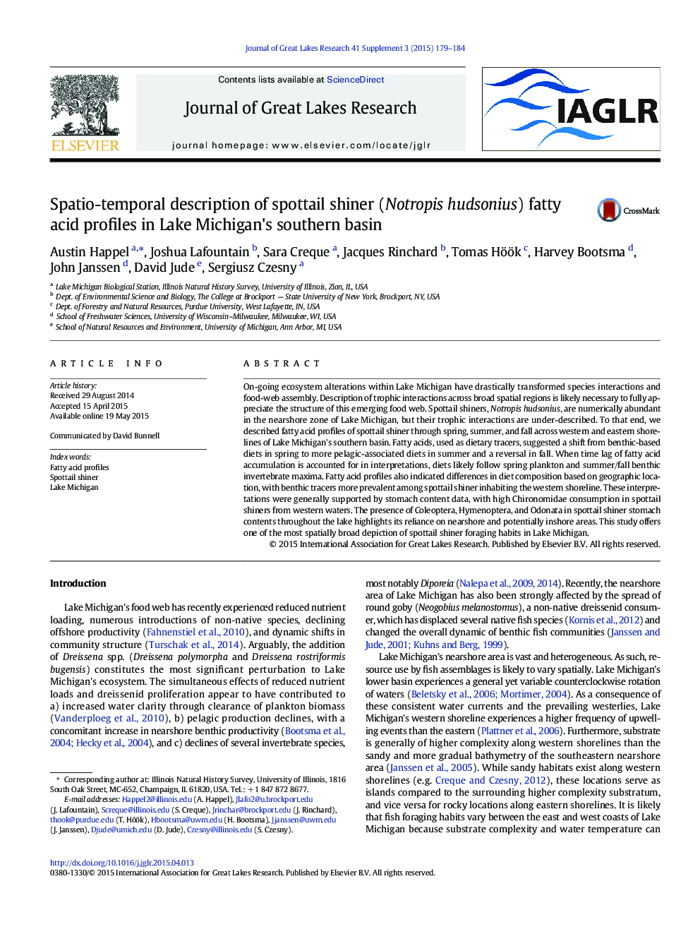 Spatio-temporal description of spottail shiner (Notropis hudsonius) fatty acid profiles in Lake Michigan's southern basin