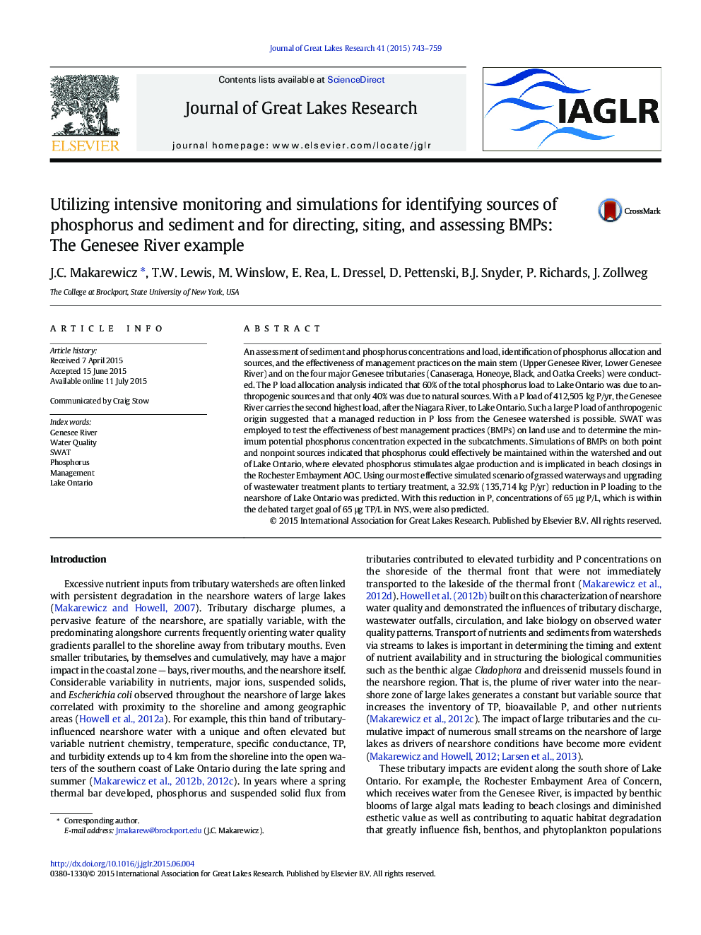 Utilizing intensive monitoring and simulations for identifying sources of phosphorus and sediment and for directing, siting, and assessing BMPs: The Genesee River example