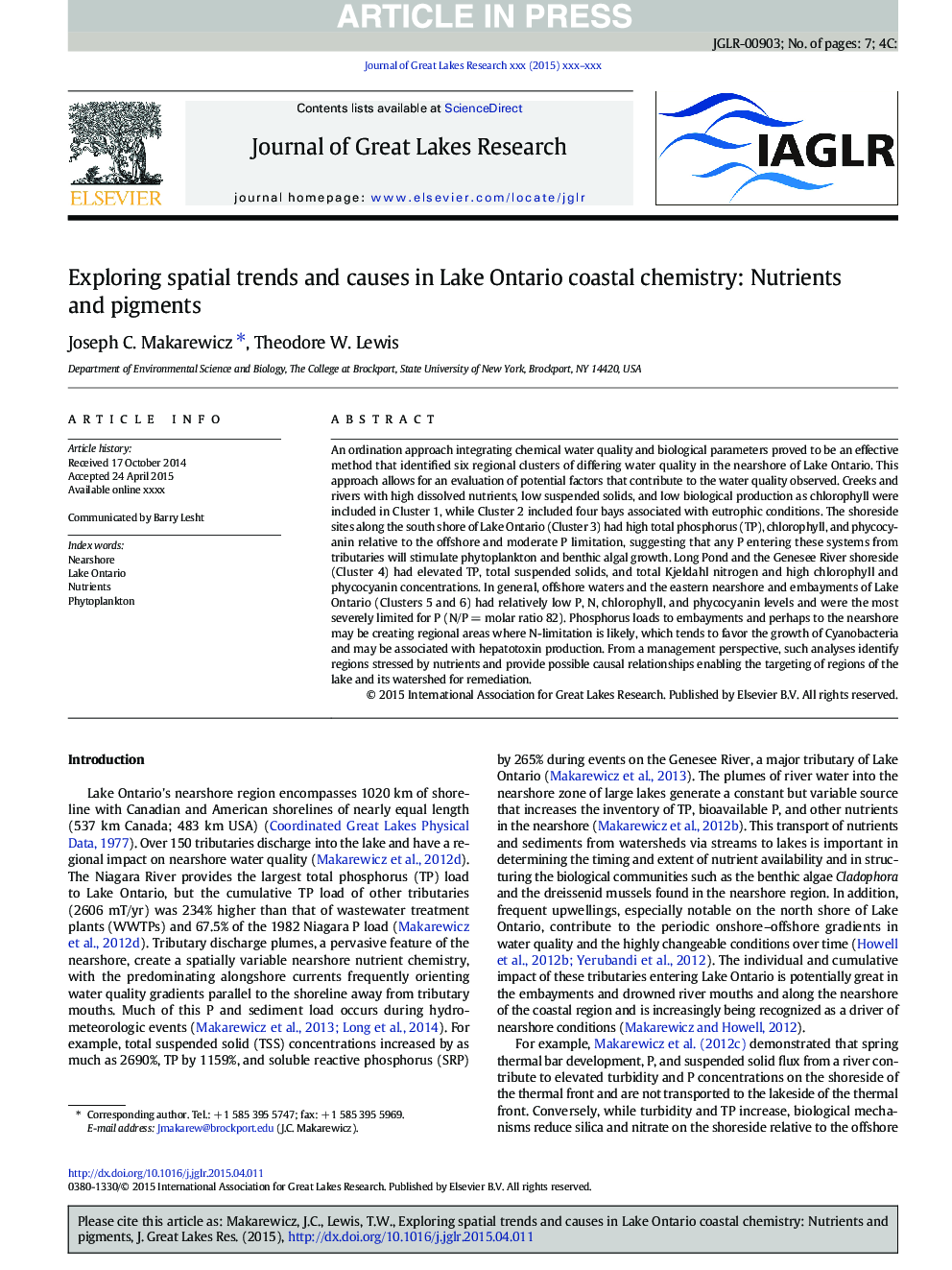 Exploring spatial trends and causes in Lake Ontario coastal chemistry: Nutrients and pigments