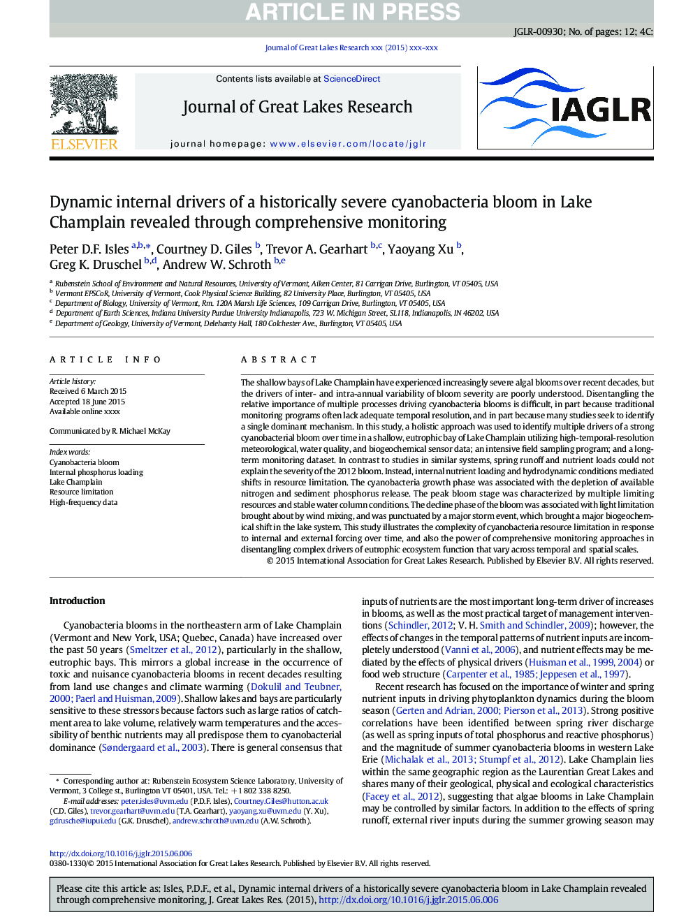 Dynamic internal drivers of a historically severe cyanobacteria bloom in Lake Champlain revealed through comprehensive monitoring