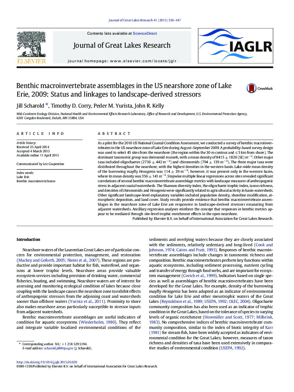 Benthic macroinvertebrate assemblages in the US nearshore zone of Lake Erie, 2009: Status and linkages to landscape-derived stressors