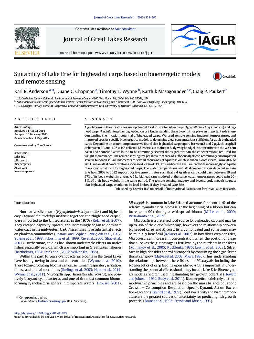 Suitability of Lake Erie for bigheaded carps based on bioenergetic models and remote sensing