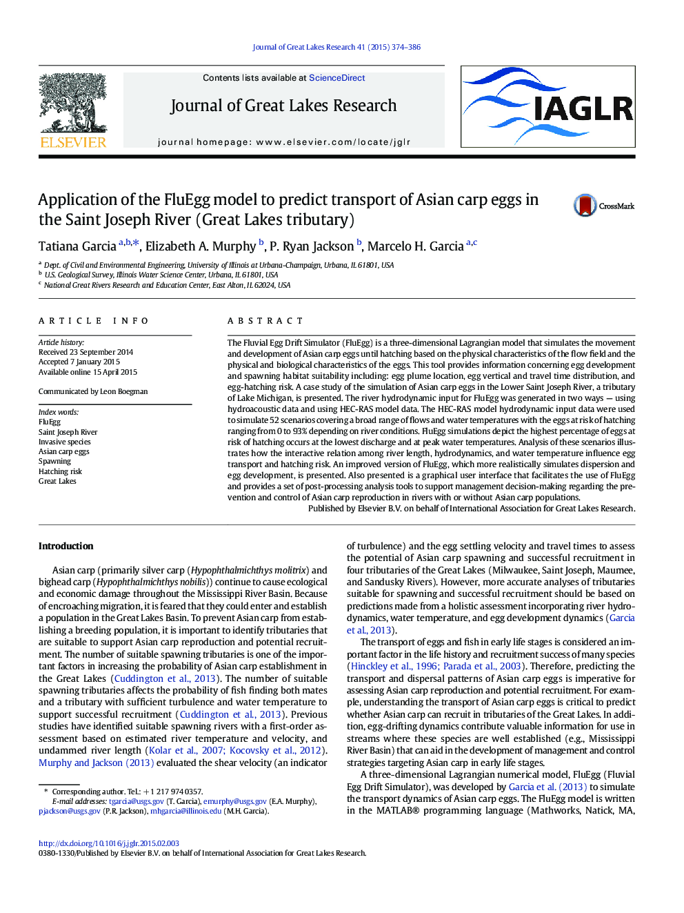 Application of the FluEgg model to predict transport of Asian carp eggs in the Saint Joseph River (Great Lakes tributary)