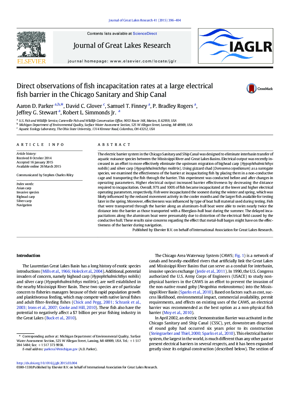 Direct observations of fish incapacitation rates at a large electrical fish barrier in the Chicago Sanitary and Ship Canal