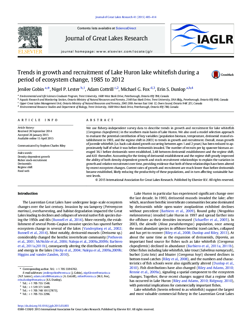 Trends in growth and recruitment of Lake Huron lake whitefish during a period of ecosystem change, 1985 to 2012