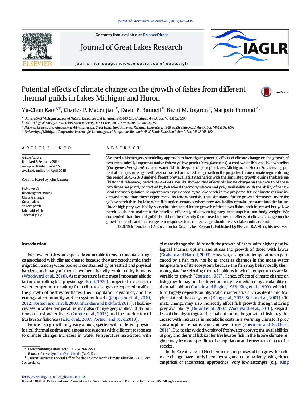 Potential effects of climate change on the growth of fishes from different thermal guilds in Lakes Michigan and Huron