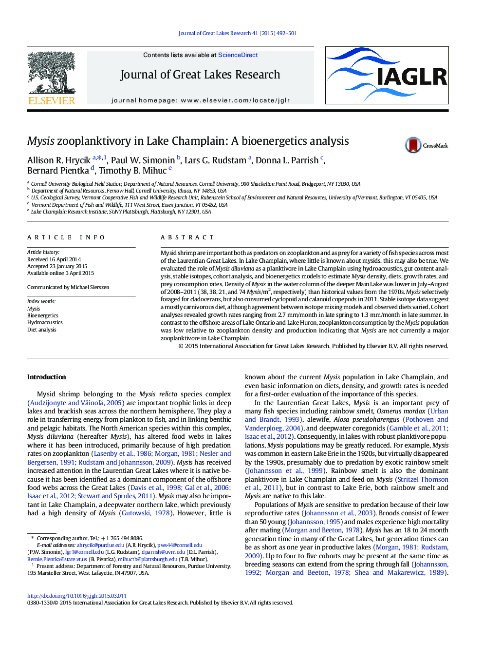 Mysis zooplanktivory in Lake Champlain: A bioenergetics analysis