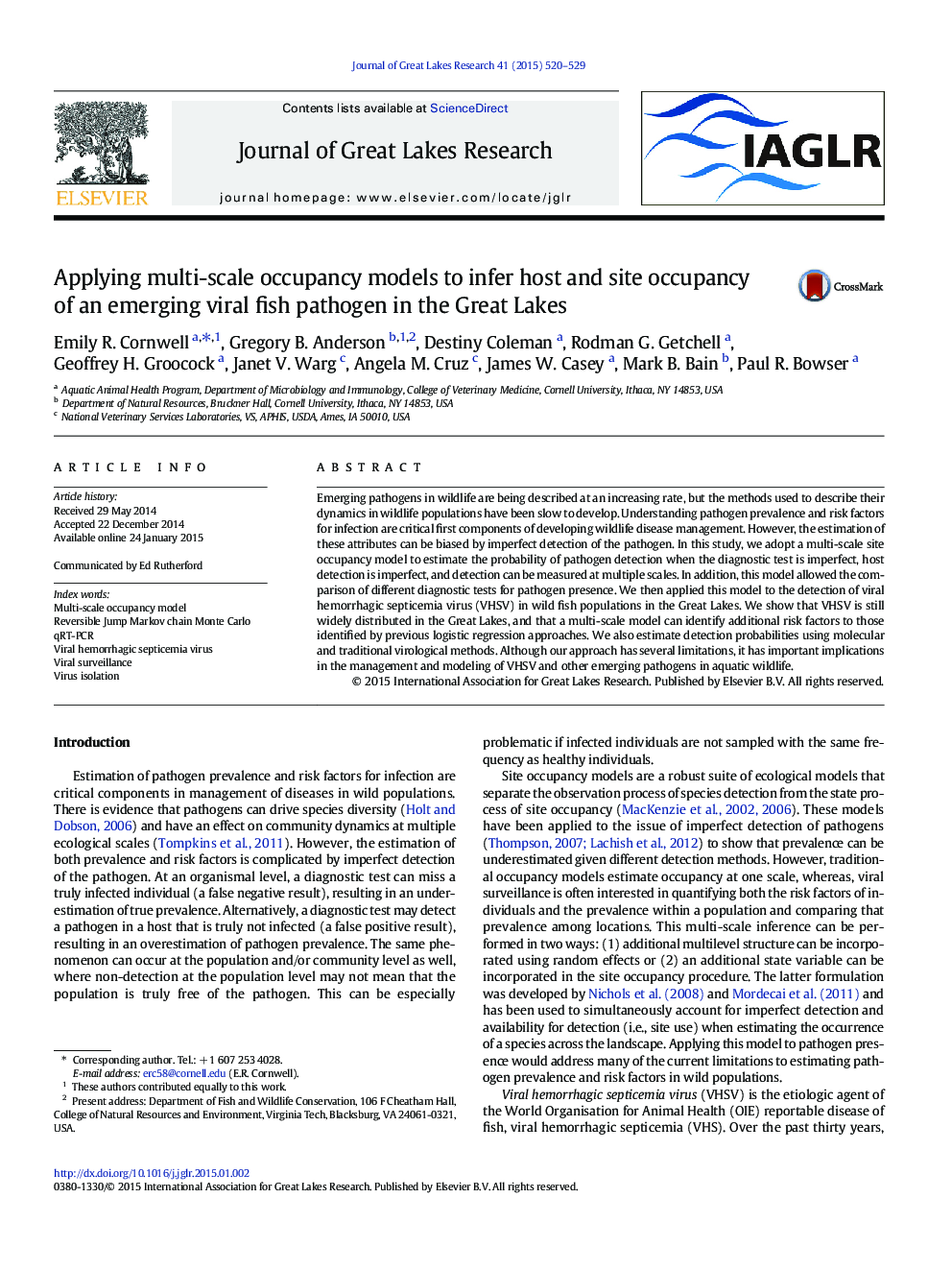 Applying multi-scale occupancy models to infer host and site occupancy of an emerging viral fish pathogen in the Great Lakes