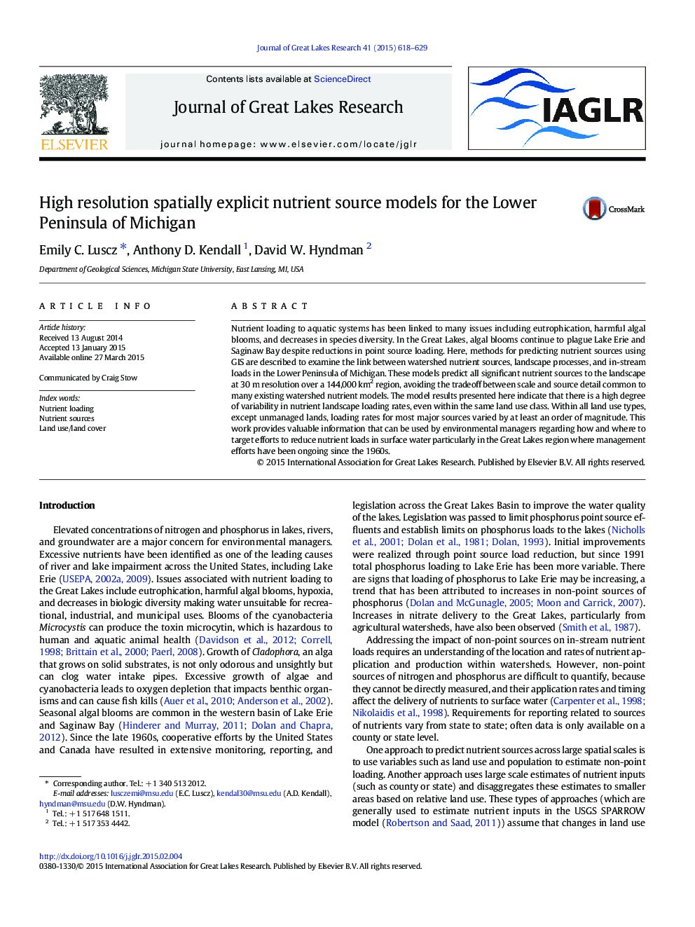 High resolution spatially explicit nutrient source models for the Lower Peninsula of Michigan