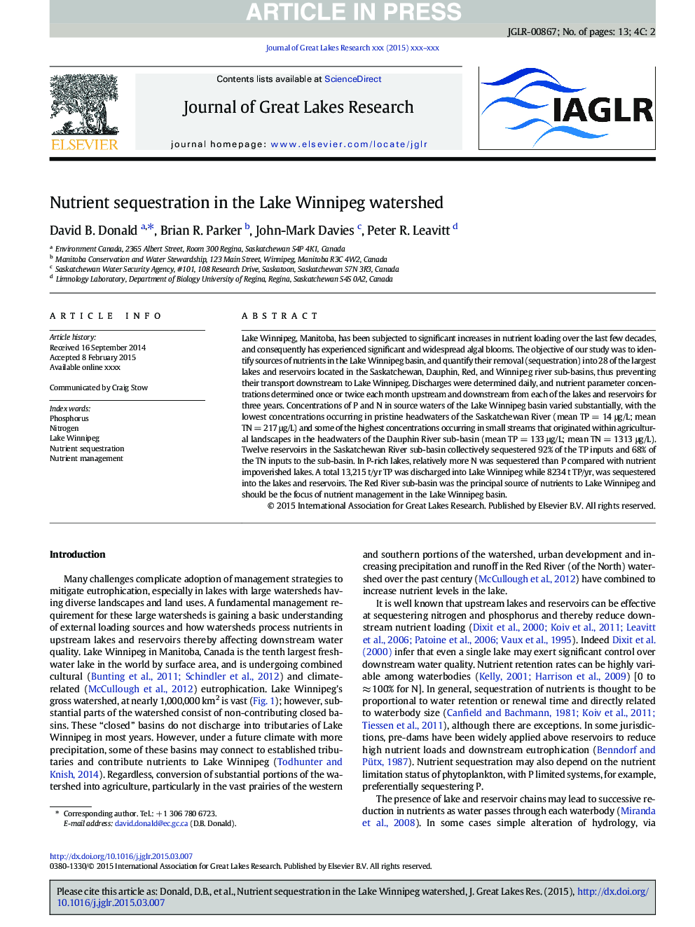 Nutrient sequestration in the Lake Winnipeg watershed