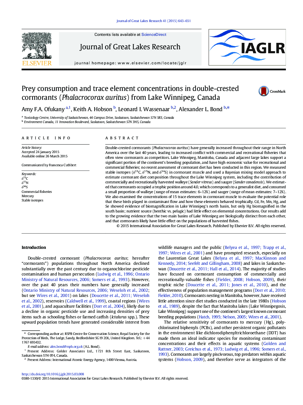 Prey consumption and trace element concentrations in double-crested cormorants (Phalacrocorax auritus) from Lake Winnipeg, Canada