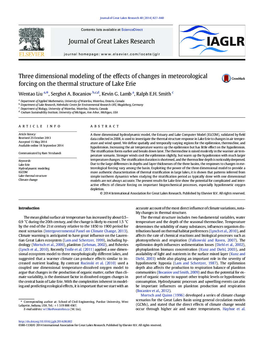 Three dimensional modeling of the effects of changes in meteorological forcing on the thermal structure of Lake Erie