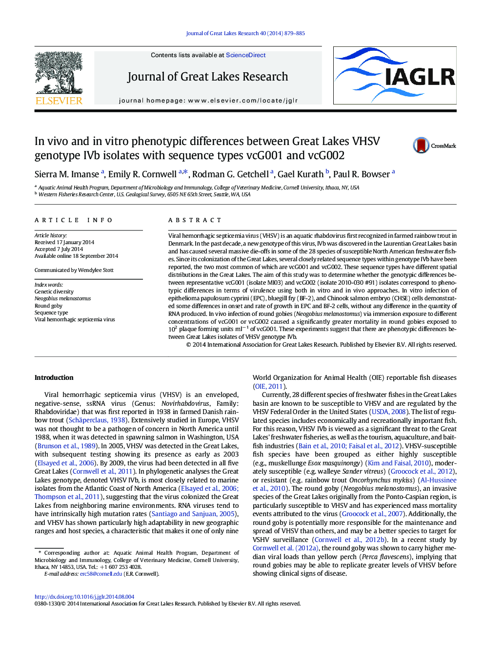 In vivo and in vitro phenotypic differences between Great Lakes VHSV genotype IVb isolates with sequence types vcG001 and vcG002