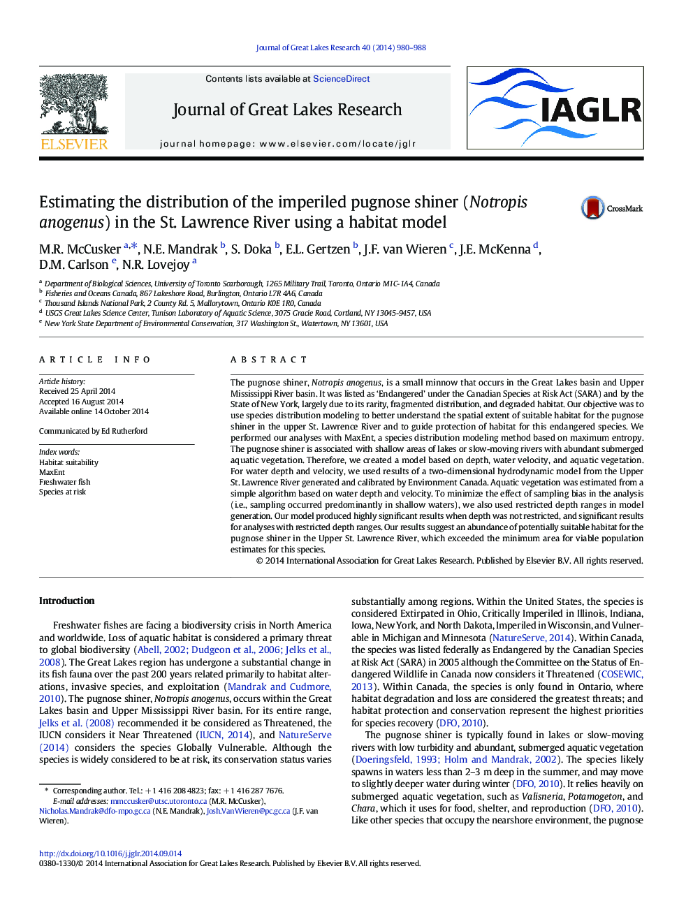 Estimating the distribution of the imperiled pugnose shiner (Notropis anogenus) in the St. Lawrence River using a habitat model