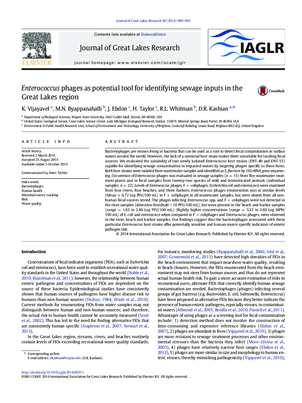 Enterococcus phages as potential tool for identifying sewage inputs in the Great Lakes region