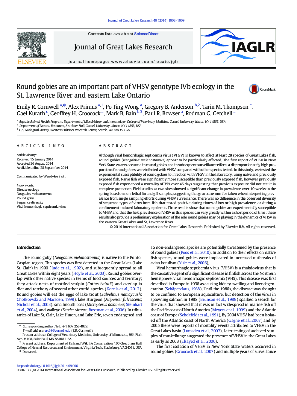 Round gobies are an important part of VHSV genotype IVb ecology in the St. Lawrence River and eastern Lake Ontario