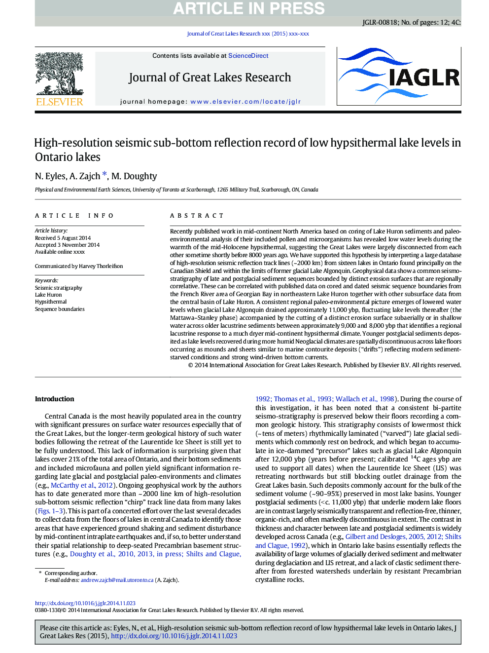 High-resolution seismic sub-bottom reflection record of low hypsithermal lake levels in Ontario lakes