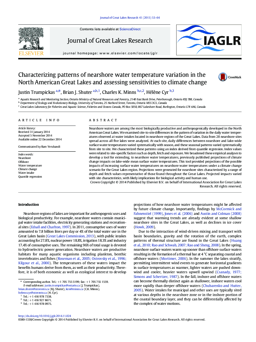 Characterizing patterns of nearshore water temperature variation in the North American Great Lakes and assessing sensitivities to climate change
