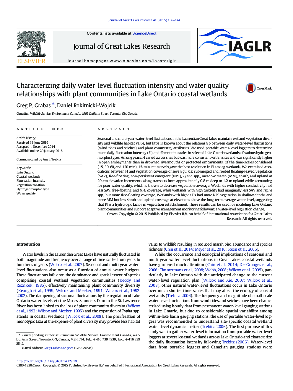 Characterizing daily water-level fluctuation intensity and water quality relationships with plant communities in Lake Ontario coastal wetlands