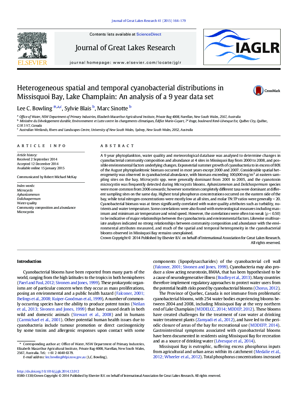 Heterogeneous spatial and temporal cyanobacterial distributions in Missisquoi Bay, Lake Champlain: An analysis of a 9 year data set