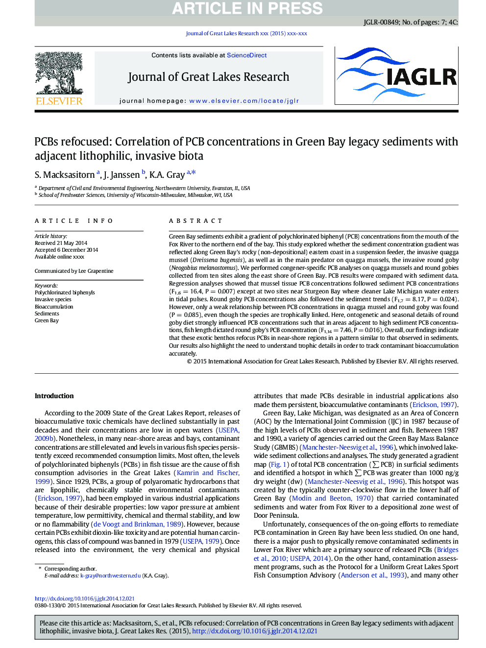 PCBs refocused: Correlation of PCB concentrations in Green Bay legacy sediments with adjacent lithophilic, invasive biota