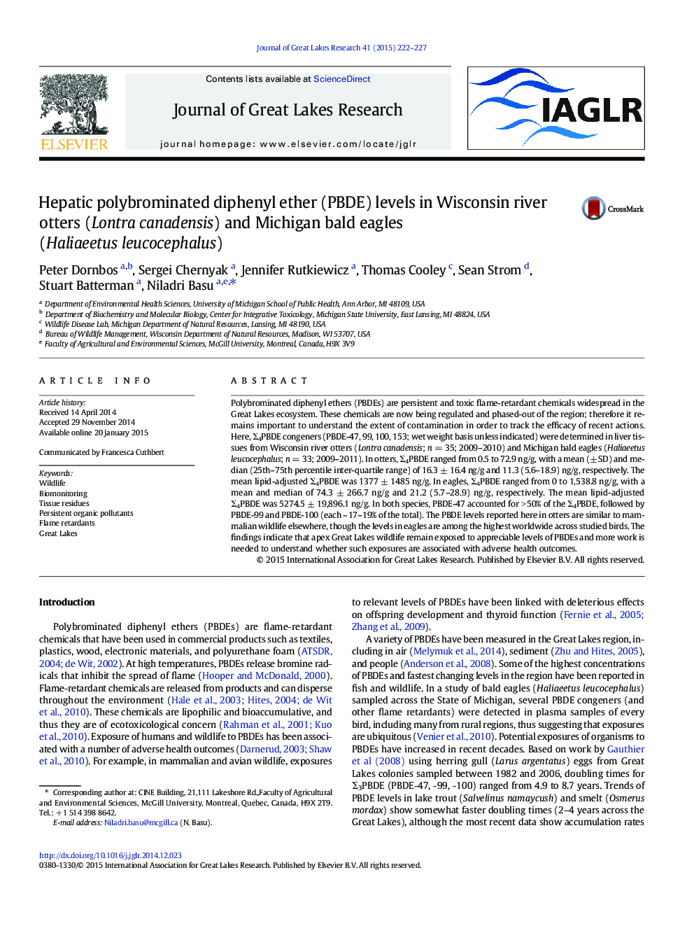 Hepatic polybrominated diphenyl ether (PBDE) levels in Wisconsin river otters (Lontra canadensis) and Michigan bald eagles (Haliaeetus leucocephalus)