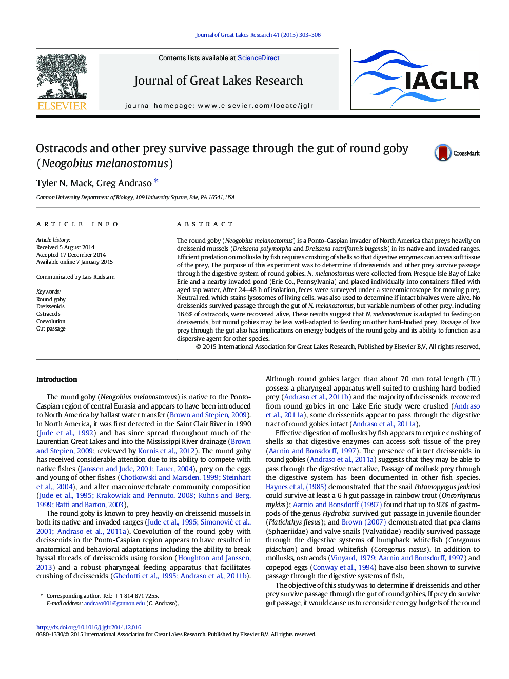 Ostracods and other prey survive passage through the gut of round goby (Neogobius melanostomus)