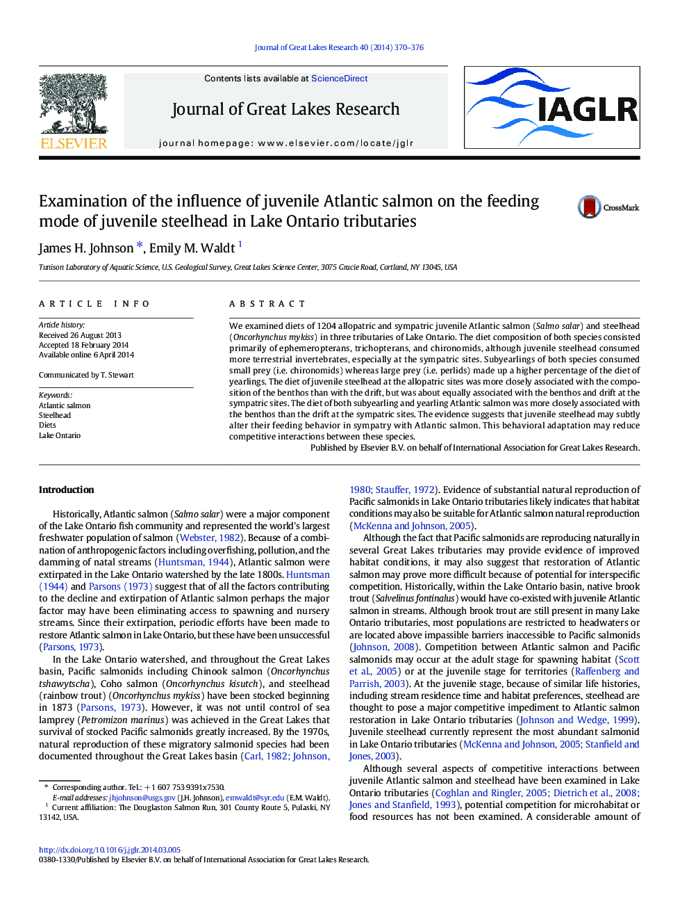 Examination of the influence of juvenile Atlantic salmon on the feeding mode of juvenile steelhead in Lake Ontario tributaries