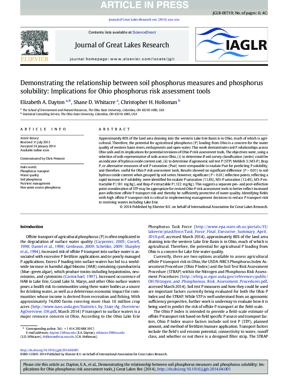 Demonstrating the relationship between soil phosphorus measures and phosphorus solubility: Implications for Ohio phosphorus risk assessment tools