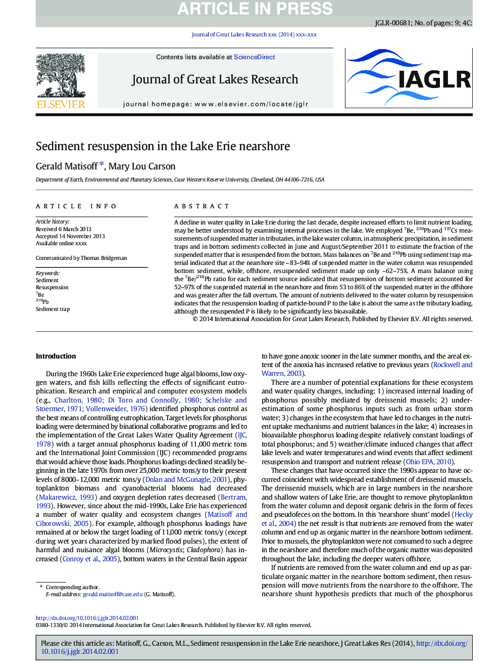 Sediment resuspension in the Lake Erie nearshore