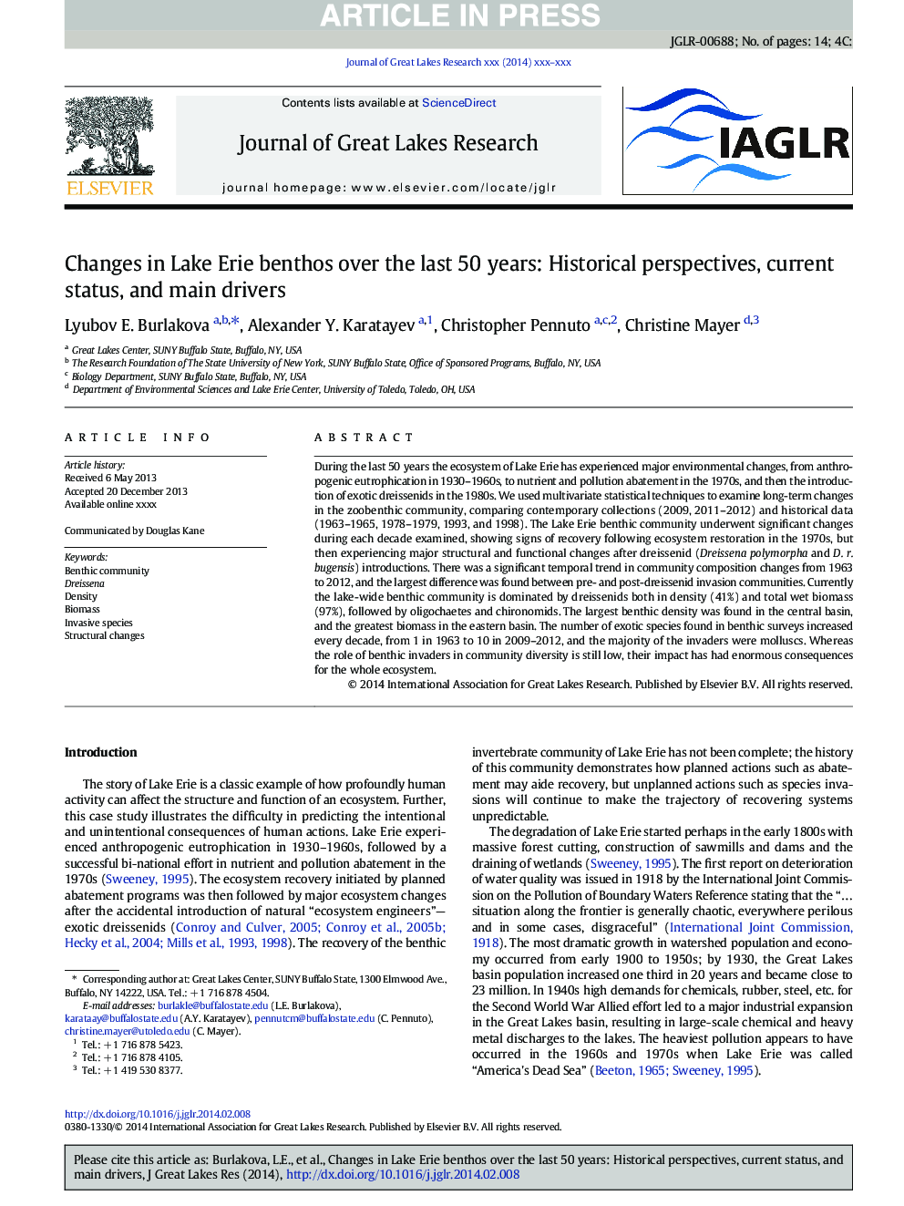 Changes in Lake Erie benthos over the last 50Â years: Historical perspectives, current status, and main drivers