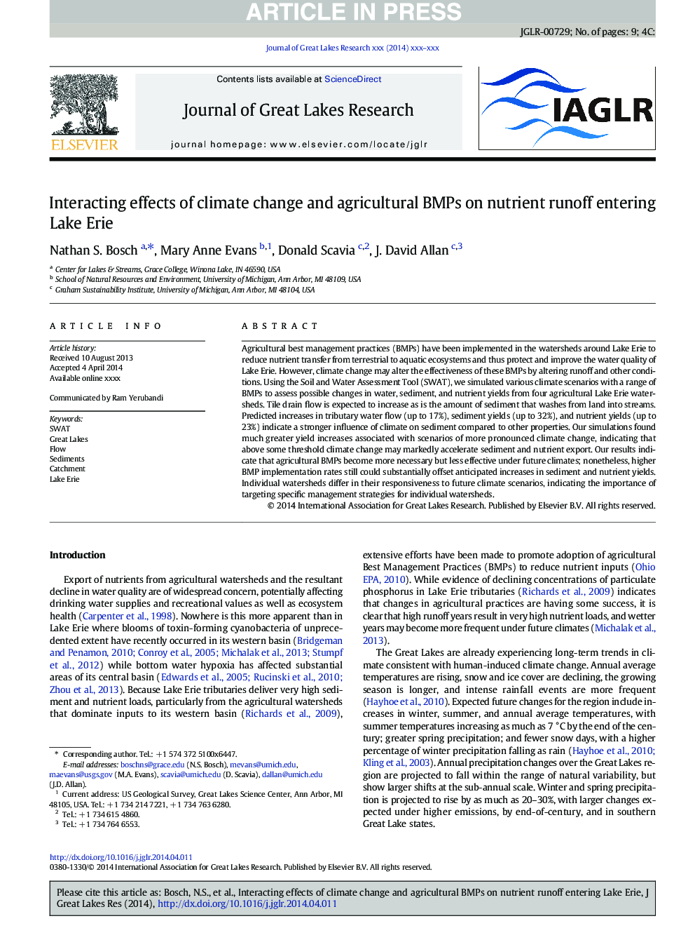 Interacting effects of climate change and agricultural BMPs on nutrient runoff entering Lake Erie