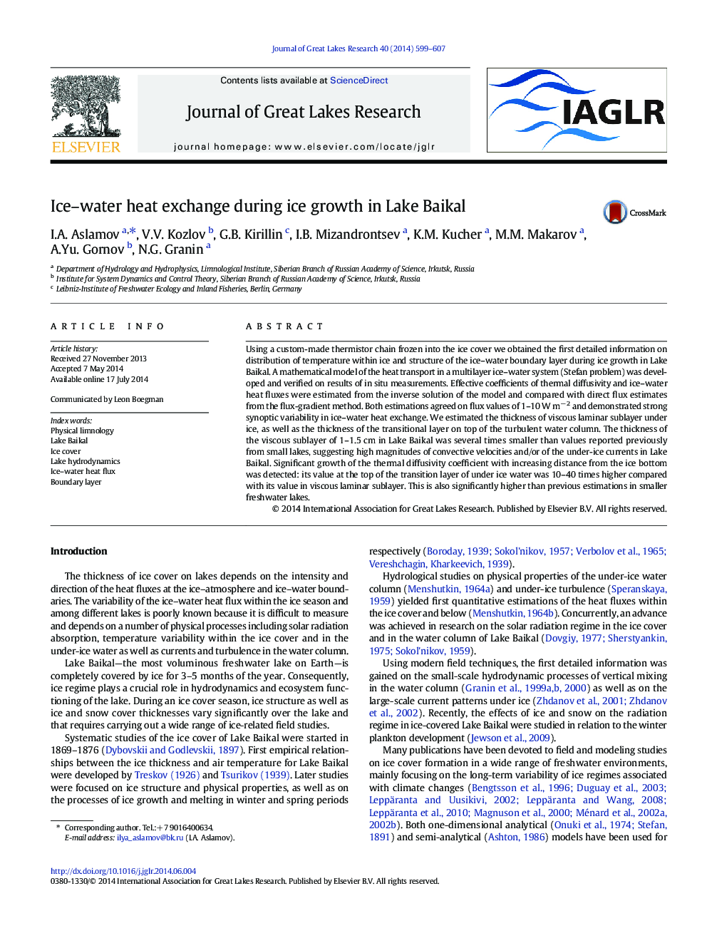 Ice-water heat exchange during ice growth in Lake Baikal